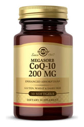 Solgar Megasorb CoQ-10 200 mg dietary supplement bottle with 30 softgels, supports heart health and energy production.